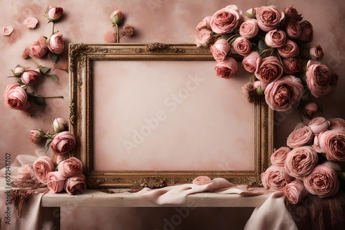 A Canvas Frame for a mockup harmonizing with the serene aura of an old styled dressing room adorned with dried rose bouquets and cameo brooches.