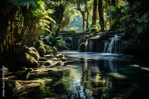 waterfall in a tropical forest, filled with vibrant green colors and aquatic freshness, Concept: reflecting the beauty of untouched nature. Eco-tourism