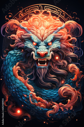 A photograph showing a portrait of a dragon in a bright range of red and blue shades, symbolizing the magical and mysterious world of fantasy and mythology.