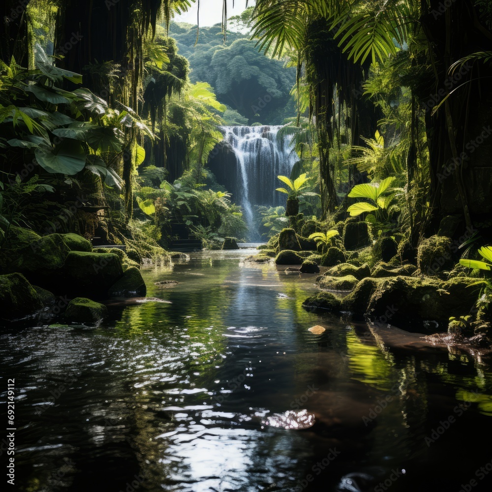 waterfall in a tropical forest, filled with vibrant green colors and aquatic freshness, Concept: reflecting the beauty of untouched nature. Eco-tourism waterfall in a tropical forest, filled with vibrant green colors and aquatic freshness, Concept: reflecting the beauty of untouched nature. Eco-tourism