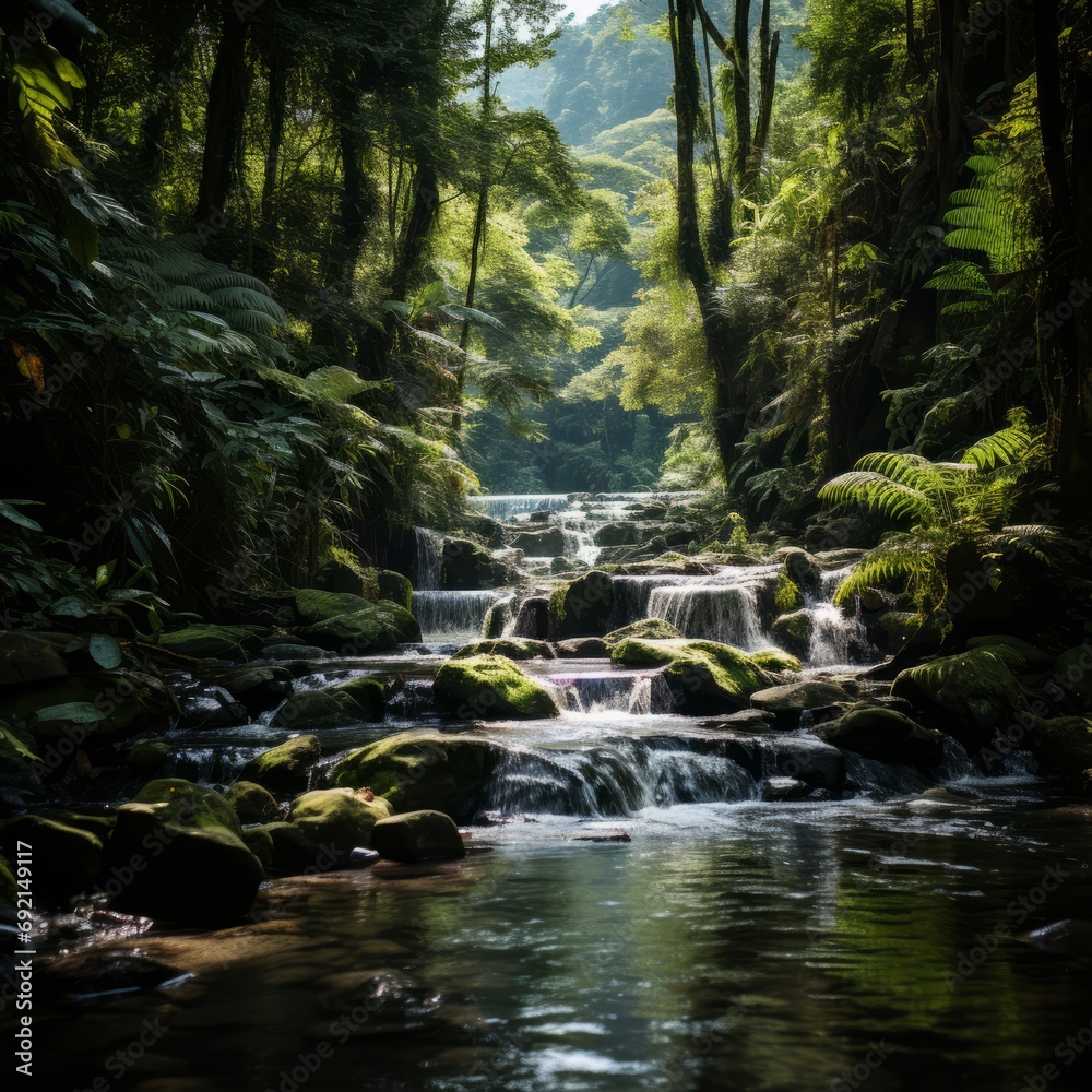 waterfall in a tropical forest, filled with vibrant green colors and aquatic freshness, Concept: reflecting the beauty of untouched nature. Eco-tourism