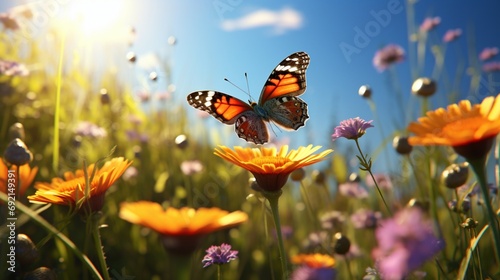 A butterfly perched on a vibrant wildflower in a sunlit meadow