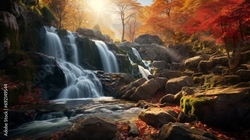A cascading waterfall surrounded by vibrant autumn foliage in a secluded woodland