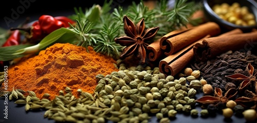 Fototapeta Extreme close-up of colorful spices and herbs, warm saffron and deep green herbs, 