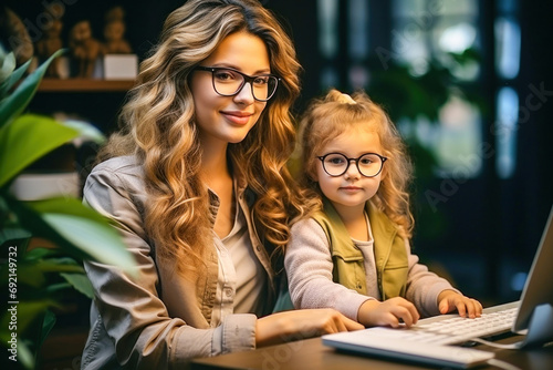 Mom with baby in glasses at laptop: fun and educational time together