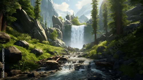 A cascading waterfall surrounded by lush greenery in a hidden valley of the wilderness