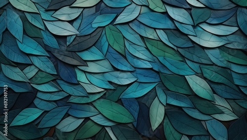 a close up of a painting of blue and green leaves on a black background with green leaves on the left side of the picture.