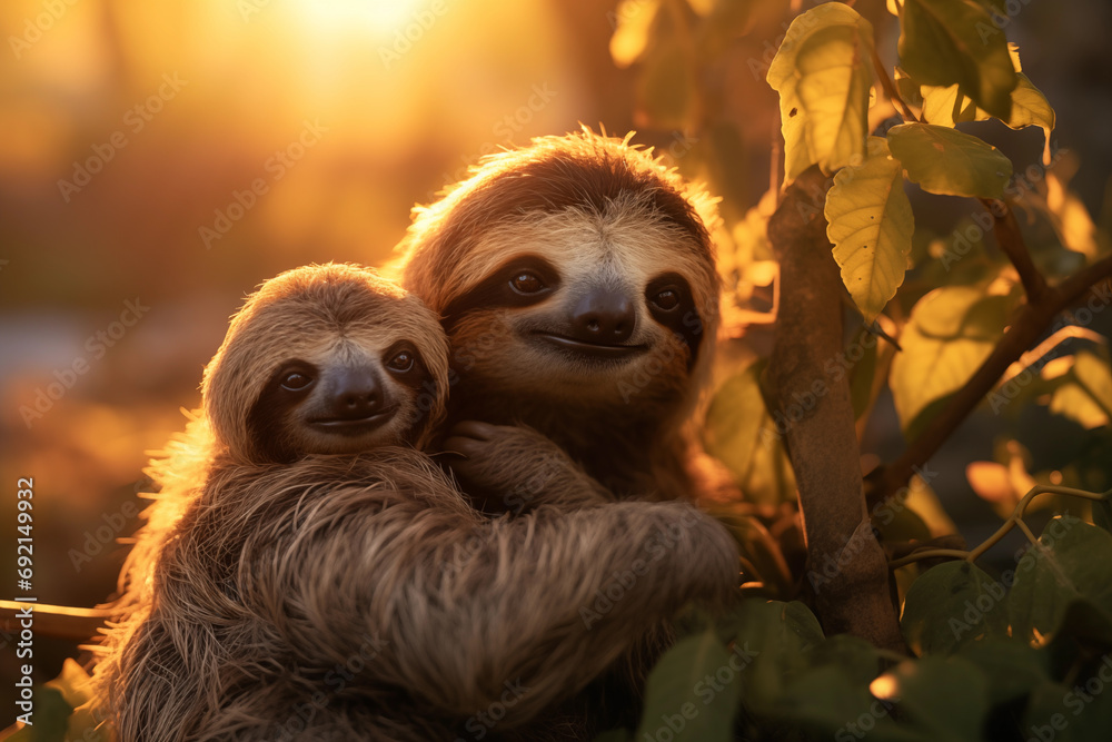 Captivating Photograph of a Backlit Mother Sloth with Baby during sunset Captivating Photograph of a Backlit Mother Sloth with Baby during sunset