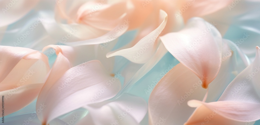 Extreme close-up of delicate flower petals, subtle peachy tones and pale seafoam greens,  - obrazy, fototapety, plakaty 