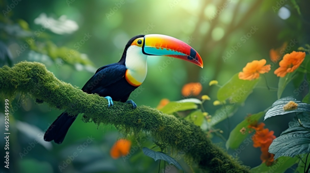 Fototapeta premium A close-up of a colorful toucan perched on a tree branch, surrounded by lush green foliage