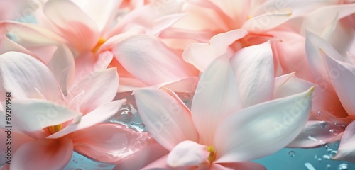 Extreme close-up of delicate flower petals, gentle coral pinks and muted mint greens, in the style of botanical 