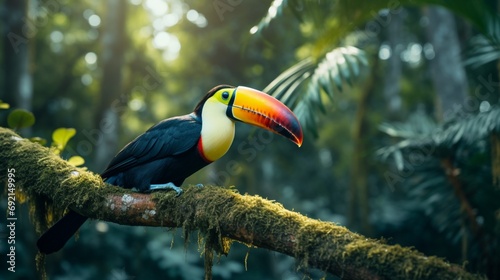 A close-up of a colorful toucan perched on a tree branch, surrounded by lush green foliage