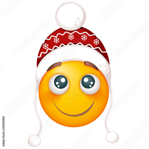 Winter emoji in warm red hat on white background. Smiling yellow blushed face. Happy. Cute emoticon