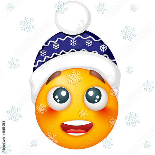 Winter emoji in warm blue hat on white background. Smiling yellow blushed face. Happy. Cute emoticon