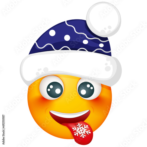 Winter emoji in warm blue hat on white background. Smiling yellow blushed face. Happy. Cute emoticon