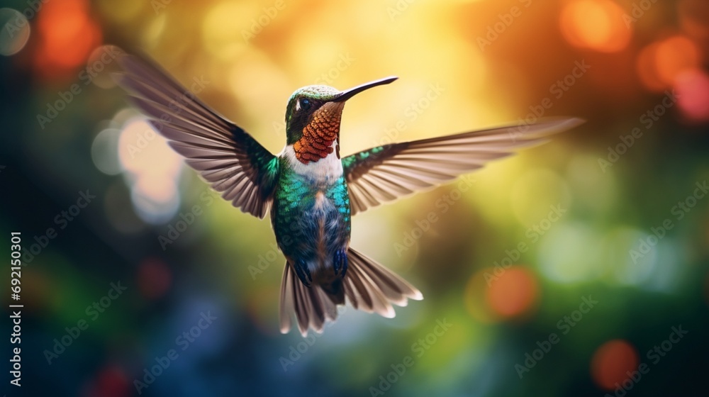 Obraz premium A close-up of a hummingbird in mid-flight, wings frozen in a blur of rapid movement