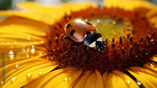 A close-up of a ladybug crawling on a sunflower petal, with pollen dusting its tiny body
