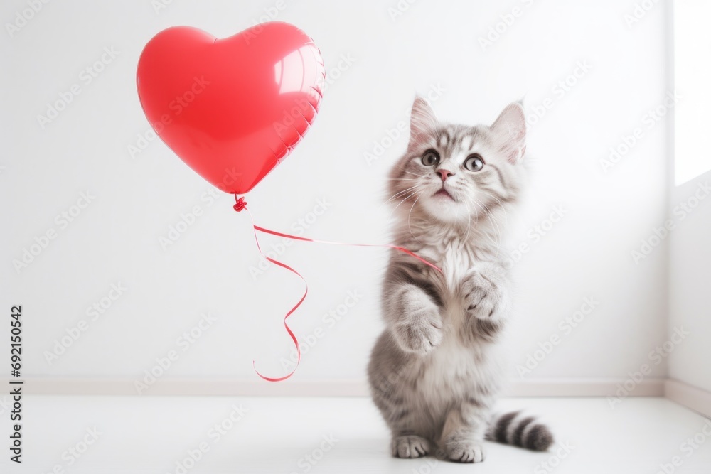 A cute grey cat on its hind legs with a red balloon shape heart on a white background. greeting card A cute grey cat on its hind legs with a red balloon shape heart on a white background. greeting card
