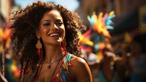 A bright woman in a suit dances on the street surrounded by the festive atmosphere of a carnival and festival on the street. Happy tourist girl with makeup. Banner with copy space