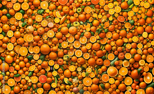 Abstract orange food background. Large group of various orange coloured fruits and vegetables. Top view. Generative ai. Healthy eating theme.
