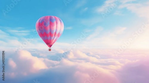 Flying balloon in fairy-tale clouds, magical balloon journey