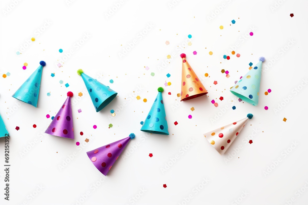Colorful birthday caps with confetti on white background - obrazy, fototapety, plakaty 