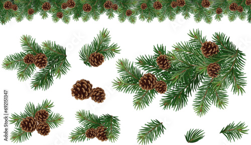 Realistic vector Christmas isolated tree branches garland and collections of Christmas tree branch with pine cones	
