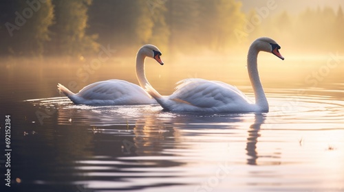 A pair of swans gracefully gliding across a calm lake, leaving ripples in their wake