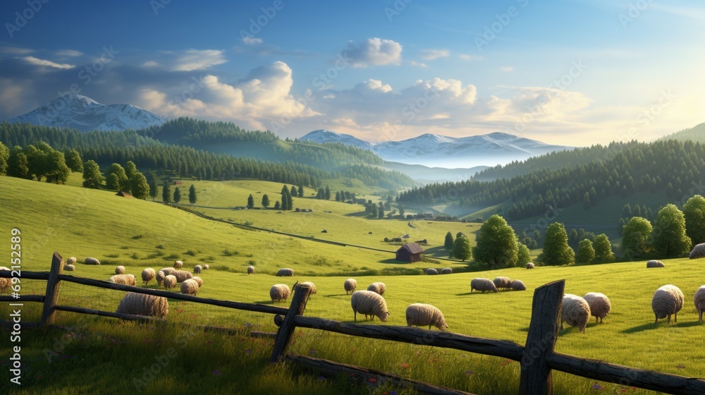 A peaceful countryside landscape with rolling hills, a wooden fence, and grazing sheep
