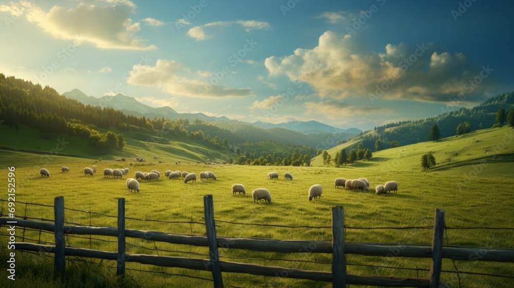 A peaceful countryside landscape with rolling hills, a wooden fence, and grazing sheep