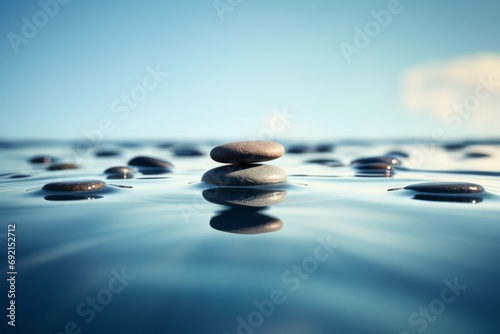 Zen pebbles stacked in the blue water  meditation and peace concept.