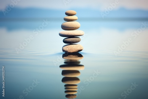 Zen pebbles stacked in the blue water, meditation and peace concept.