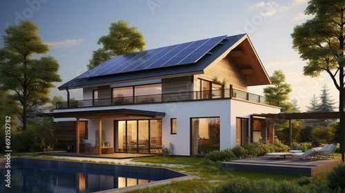 House with solar panels on its roof representing shift towards renewable energy in residential areas, AI Generated