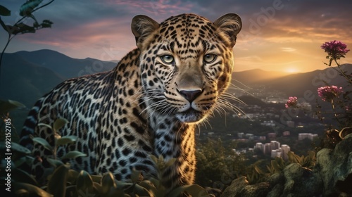 Leinwand Poster A leopard in the wild poses on a hilltop above the city with the sunset and lush nature