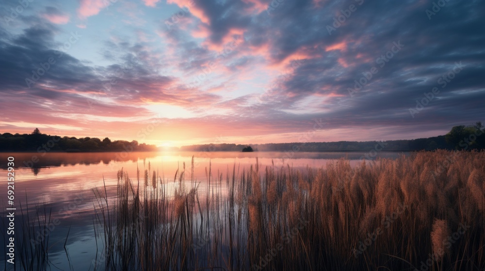 A serene lake reflecting a cloud-filled sky at sunrise, surrounded by reeds and cattails