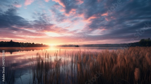 A serene lake reflecting a cloud-filled sky at sunrise, surrounded by reeds and cattails