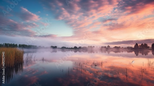 A serene lake reflecting a cloud-filled sky at sunrise, surrounded by reeds and cattails