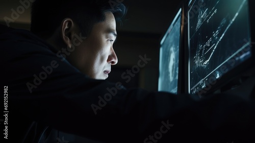 Asian radiologist examining an X-ray, concentrated expression with a monitor glowing photo