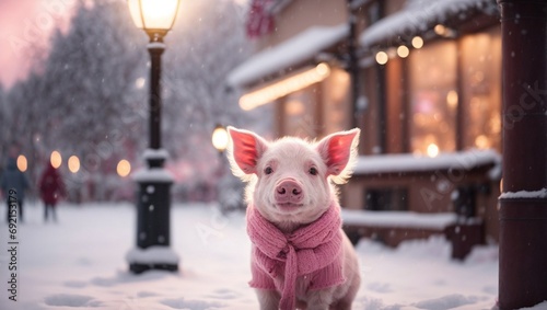 Cute pink piglet outside in the winter street.