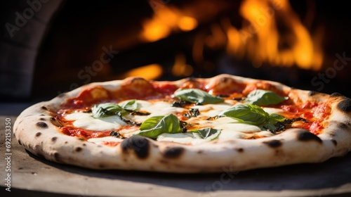 Authentic Neapolitan Pizza with fresh basil and mozzarella, wood-fired oven in the background