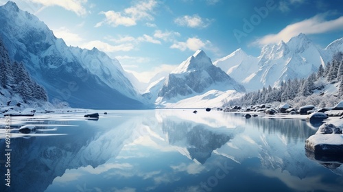 A tranquil lake surrounded by snow-capped peaks, reflecting the majesty of the mountains