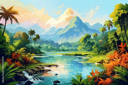 Tropical Mountain Landscape with River in Oil -Painting Style  - Wall Art - Poster - Printable - Print - Wallpaper - Background - Artwork  © Adames Art Studio
