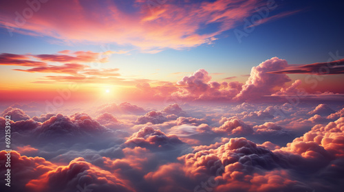 Peaceful sunset sky with fluffy clouds, Viewed from high altitude, Emphasizing calmness and beauty of evening, AI Generated
