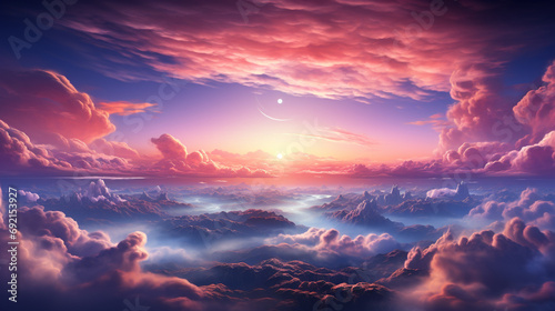 Peaceful sunset sky with fluffy clouds, Viewed from high altitude, Emphasizing calmness and beauty of evening, AI Generated © Shining Pro