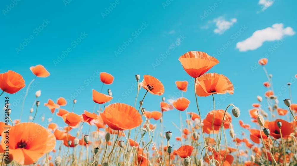 A vibrant field of wild poppies against the backdrop of a clear blue sky
