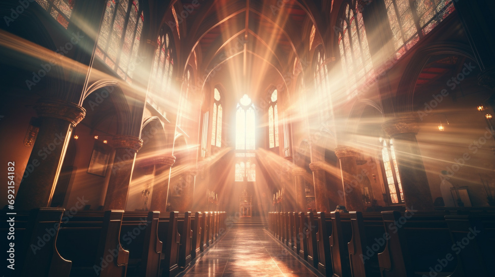 Holy portrayal of church interior lit by radiant beam of light coming through stained glass windows, AI Generated
