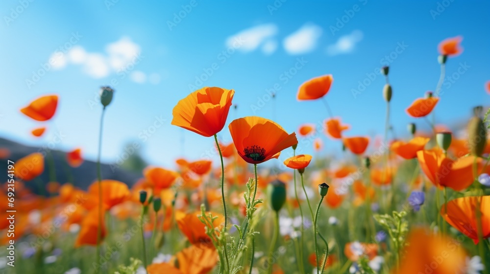 A vibrant field of wild poppies against the backdrop of a clear blue sky