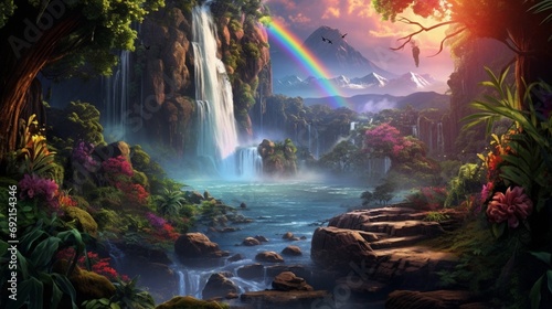 A vibrant rainbow arching over a cascading waterfall in a lush tropical setting