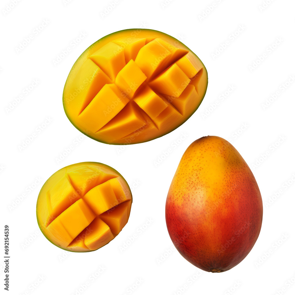 Ripe Mango and Diced Mango Pieces.
Whole and cut ripe mangoes showcasing the vibrant orange flesh, isolated on a white background.