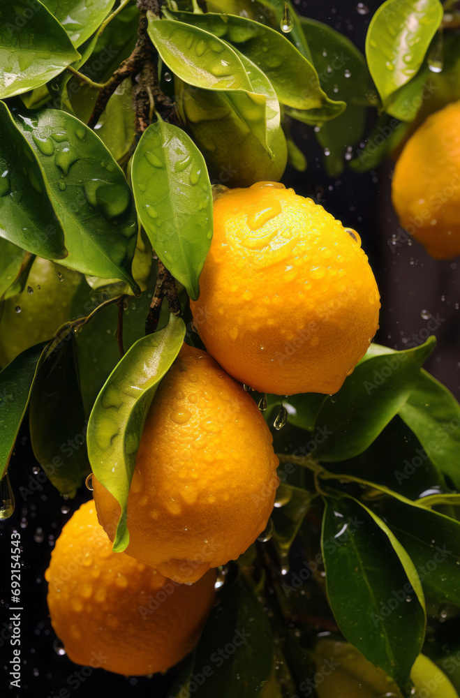 Lemons are juicy and ripe hanging from a tree in the rain, with drops and splashes, close-up.